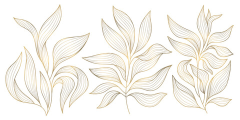 Fototapeta premium Vector gold leaves on white background isolated. Wavy drawn line branches, nature, plants luxury design elements