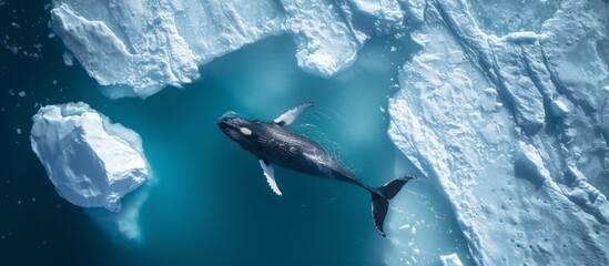 Majestic humpback whale swimming gracefully in the clear ocean waters near a massive iceberg