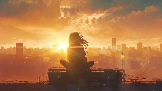 Lofi anime girl siiting on the rooftop. Relaxing city skyline. Loop animation video
