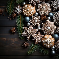 Fototapeta premium Christmas gingerbread cookies. Gingerbread cookies and spruce branches on a wood background.