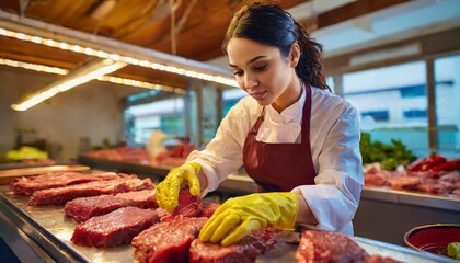 Woman working in a meat shop, wearing protective clothes and gloves, working with meat