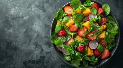 Healthy fruits salad presented on a sleek black tabletop, providing copy space for text