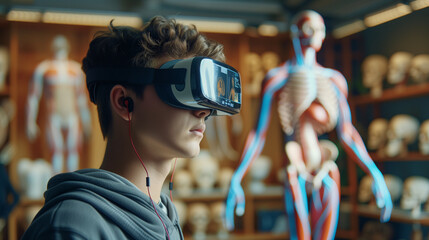 A focused medical student using a virtual reality headset to study the intricacies of human anatomy in an educational setting. - obrazy, fototapety, plakaty