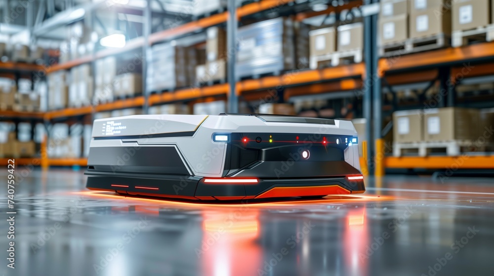 Poster a futuristic agv uses artificial intelligence to scan barcodes while navigating a data-integrated sh