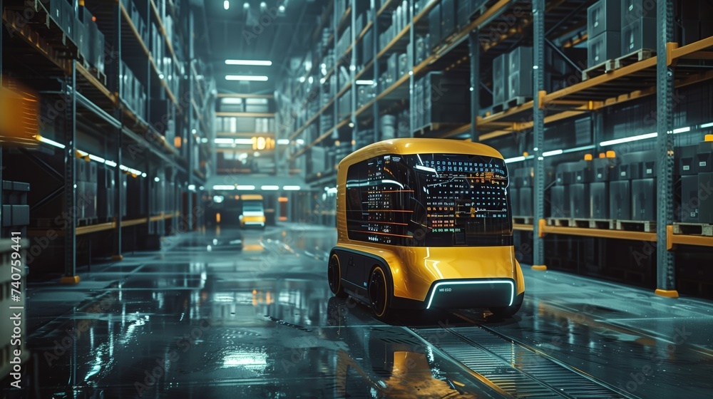 Poster a futuristic agv uses artificial intelligence to scan barcodes while navigating a data-integrated sh