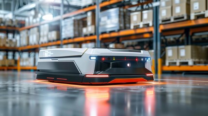 A futuristic AGV uses artificial intelligence to scan barcodes while navigating a data-integrated shipping warehouse.
