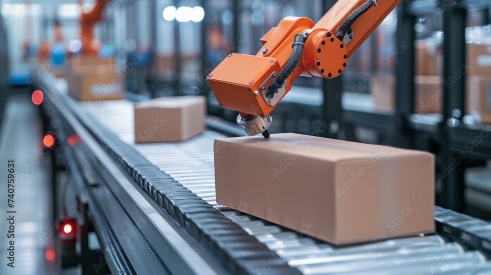 Poster detailed view of a robotic agv arm engaging in automated package sorting on a conveyor belt in a mod