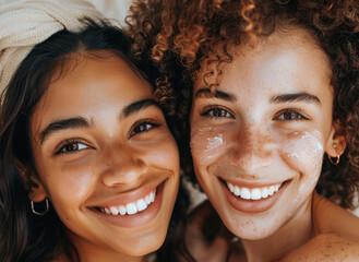 Portrait of two girlfriends with beautiful skin. Concept of friendship, diversity, happiness, togetherness, skin care, cosmetics. Copy space for text, message, advertising