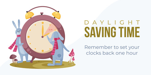 Daylight saving time end concept web banner, poster with two hares. Fall back. Reminder schedule about changing time. Rabbits in scarfs turning hour back on alarm clock.