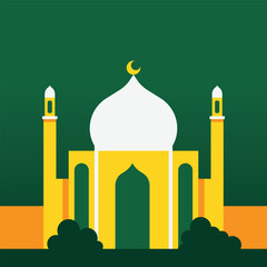 Flat background vector illustration with Ramadan theme. Islamic background with green, yellow and white colors. Mosque flat illustration. Suitable for greeting cards, posters, flyers, banners, etc.