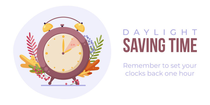 Daylight saving time end web banner, poster. Minimalist alarm clock with autymn leaves and berries, clock hand turning back to winter time. Fall back concept vector illustration.