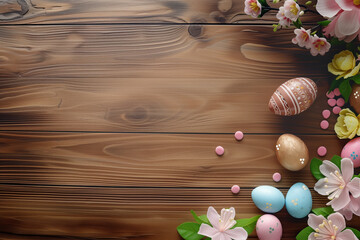 Easter celebration with decorated eggs and spring flowers on a rich wooden background, space for festive text.