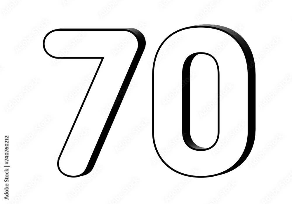 Poster number 70 in white color sign symbol 3d numbers for design elements isolated on transparent backgrou