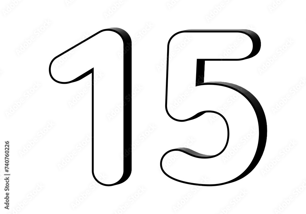 Poster number 15 in white color sign symbol 3d numbers for design elements isolated on transparent backgrou