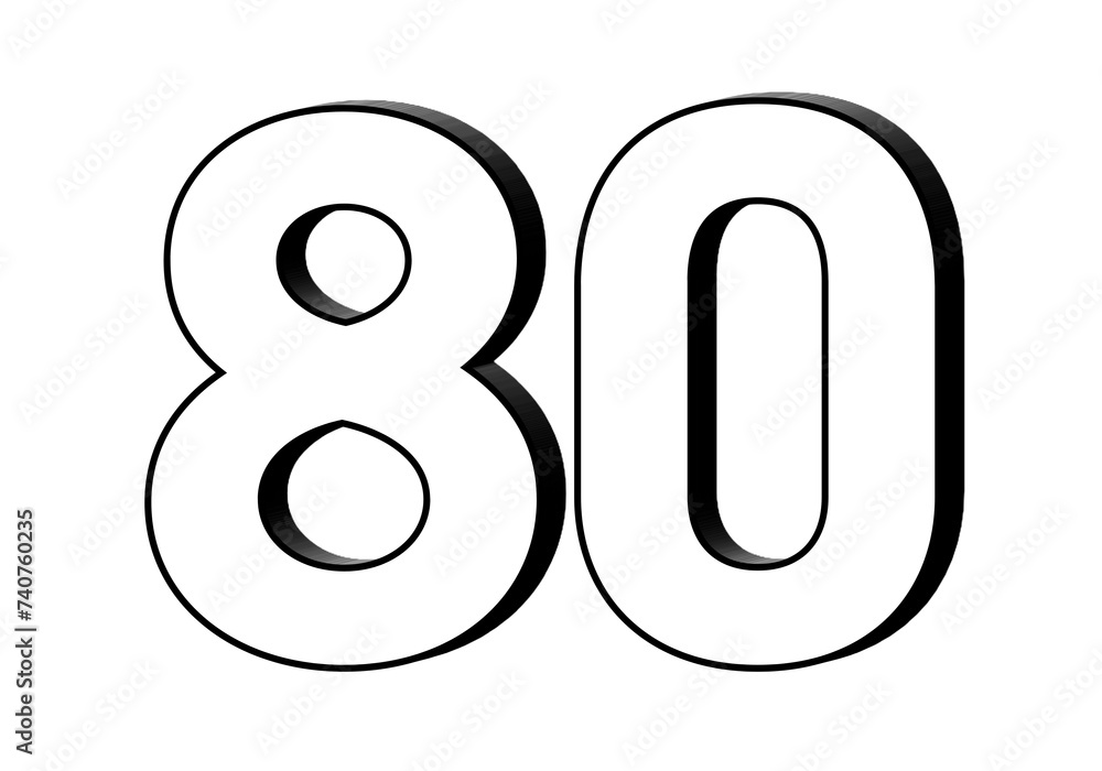 Poster number 80 in white color sign symbol 3d numbers for design elements isolated on transparent backgrou