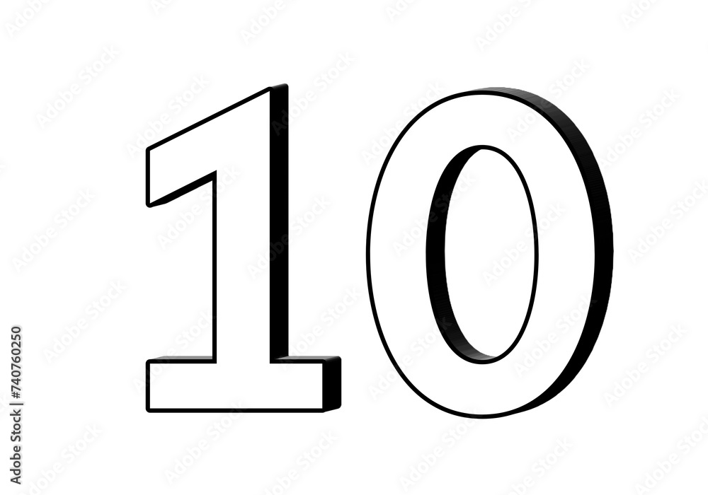Poster number 10 in white color sign symbol 3d numbers for design elements isolated on transparent backgrou