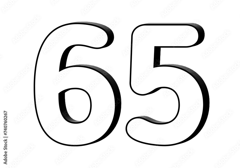 Poster number 65 in white color sign symbol 3d numbers for design elements isolated on transparent backgrou