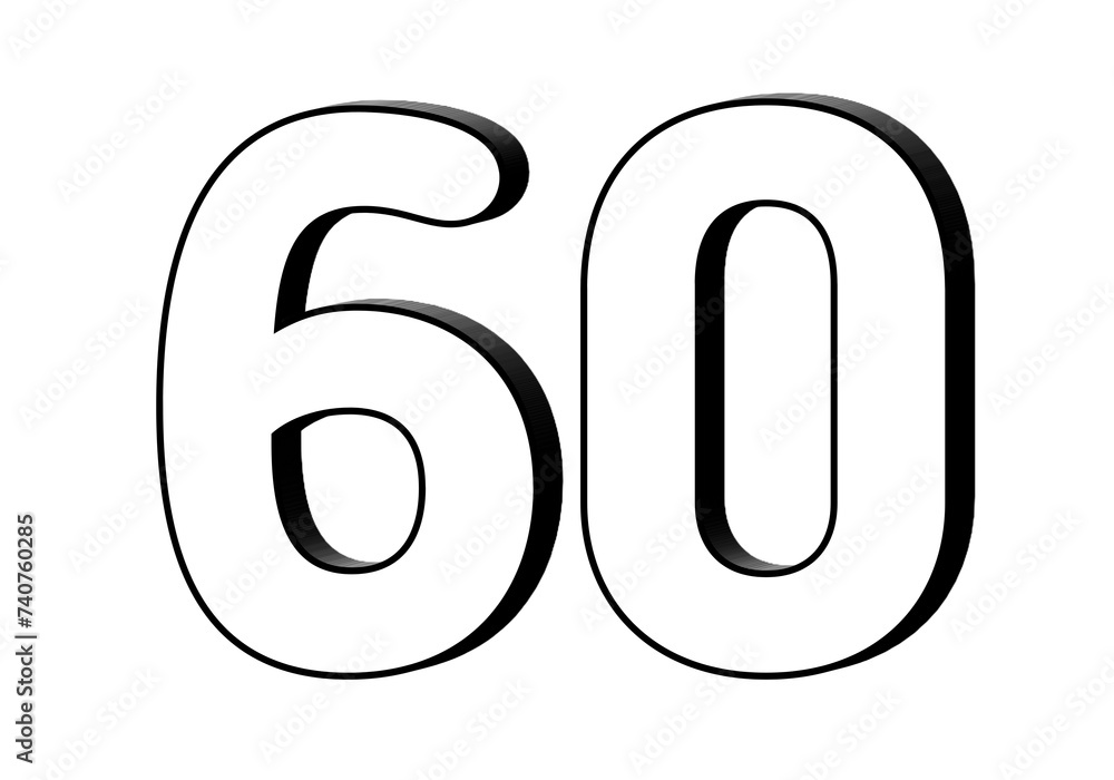 Poster number 60 in white color sign symbol 3d numbers for design elements isolated on transparent backgrou