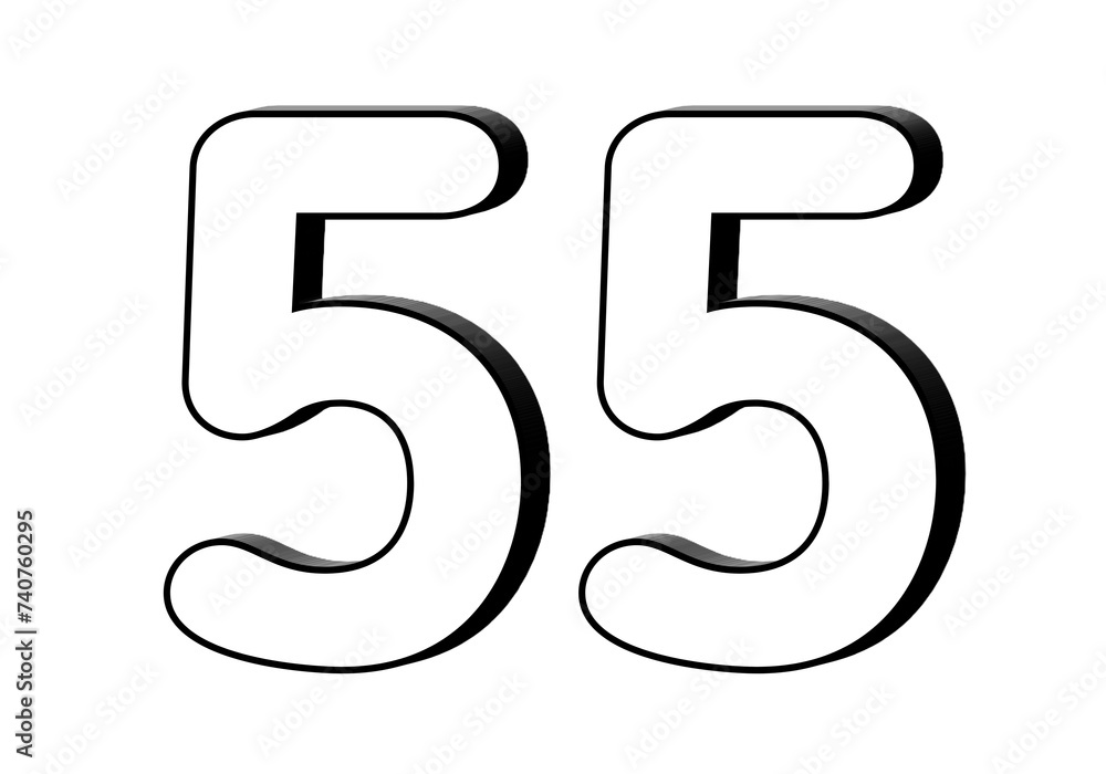Poster number 55 fifty five in white color sign symbol 3d numbers for design elements isolated on transpare