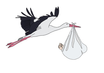 Hand-drawn flying stork with a newborn in flat design on transparent background