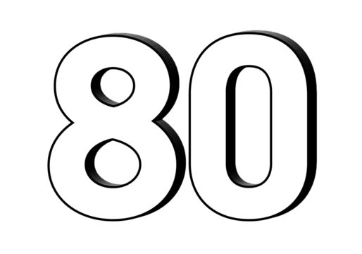 Number 80 in white color sign symbol 3d numbers for design elements isolated on transparent background