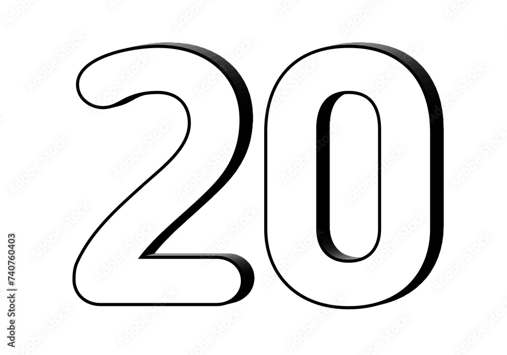 Poster number 20 twenty in white color sign symbol numbers for design elements isolated on transparent back