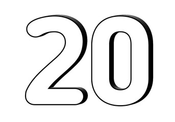 Number 20 twenty in white color sign symbol numbers for design elements isolated on transparent background