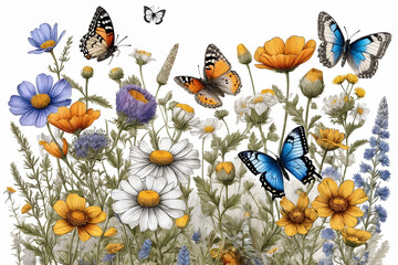 Color Hand drawn blooming flowers, butterflies, birds on blank background. Color floral composition in vintage style. Generative Ai