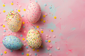 Fototapeta na wymiar Easter eggs with colorful sprinkles on textured pink backdrop.