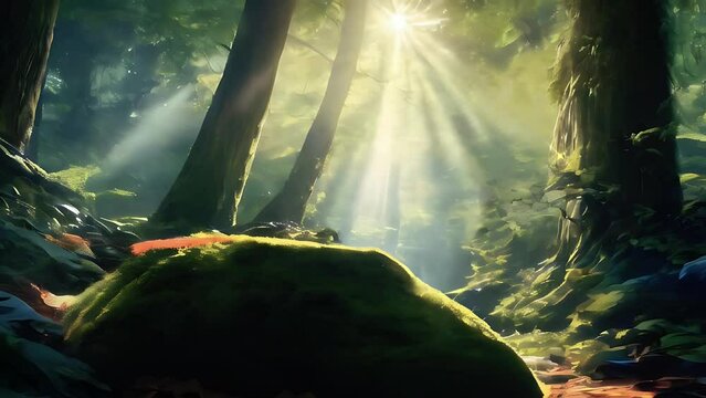 Fantasy green Enchanted forest with sunlight  virtual video animation background