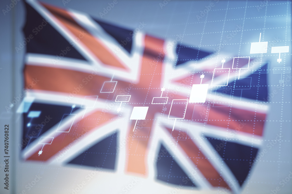Poster multi exposure of virtual abstract financial graph interface on british flag and sunset sky backgrou