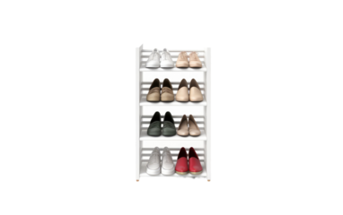 White Shoe Rack Displaying Multiple Pairs of Shoes. A white shoe rack neatly organized with a diverse collection of shoes, showcasing various styles and sizes. on White or PNG Transparent Background.