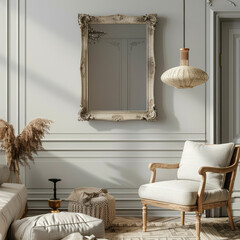 Lounge chair made of wood with an empty mock-up frame on a gray wall of the living room