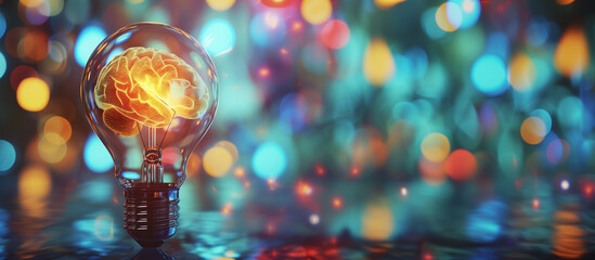 Glowing Brain in Lightbulb with Bokeh Background - Concept of Creativity, Inspiration and Intelligence. Symbol of Ideas and Innovation. With Copy Space
