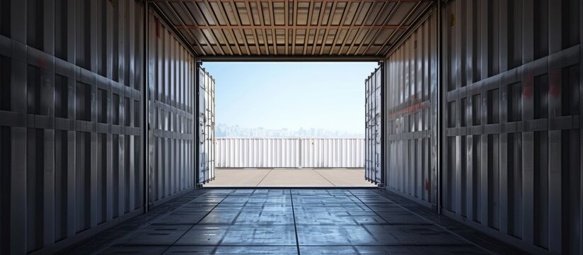 The interior of a shipping container with the door open reveals a composite material flooring, wooden fixtures, and a metal facade against the backdrop of the sky with varying tints and shades