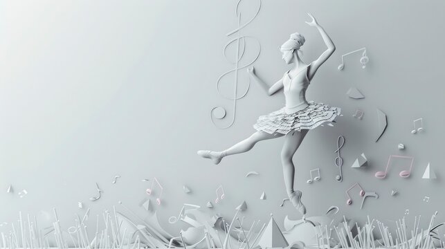A 3d render background with illustrations of ballet shoes, music notes, and dance poses. The text space can be in the shape of a dancer