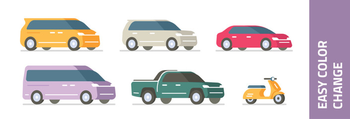 Car set icon vector graphic isolated illustration flat cartoon, suv, scooter, van, mini bus, pickup truck, sedan vehicle auto ride types red yellow blue green side front simple minimal 3d design image