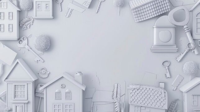 A 3d render background with sketches of houses, keys, and for sale signs. The text space can be in the shape of a house