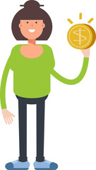 Asian Woman Character Holding Dollar Coin
