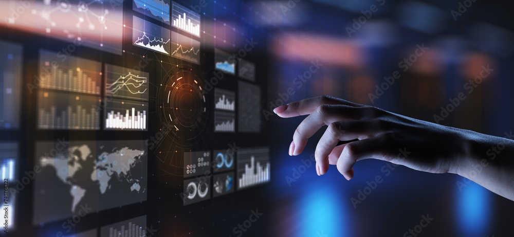 Poster virtual screen business intelligence dashboard, analytics and big data technology concept.