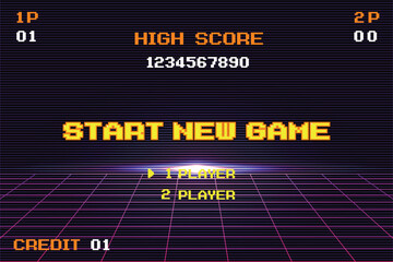 START NEW GAME play .Synthwave wireframe net illustration. pixel art .8 bit game. retro game. for game assets .Retro Futurism Sci-Fi Background. glowing neon grid. and stars.