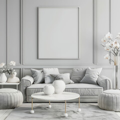 Home interior design, living room with sofa and empty blank mock-up frame on a gray wall.	
