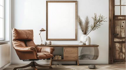 A mockup poster blank frame hanging on a sleek console table, above a plush recliner, game room, Scandinavian style interior design