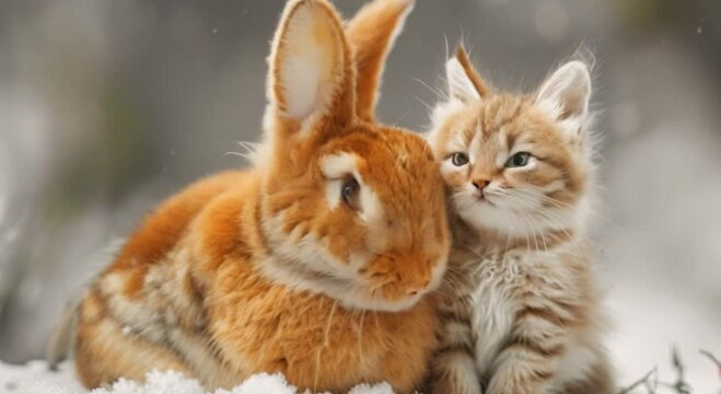 a rabbit and a cat in the snow footage