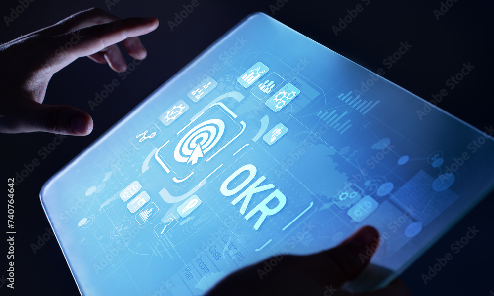 Poster objective key results business technology process improvement concept on virtual screen.