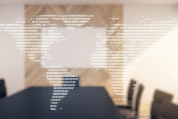 Multi exposure of abstract creative digital world map hologram on a modern meeting room background,...