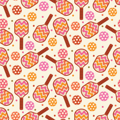 Elegant pickleball paddle patterned with retro groovy waves seamless pattern with colorful balls. For sportswear, fabric and textile