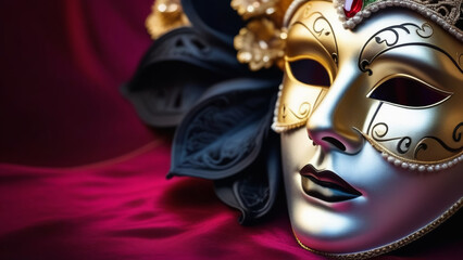 a Venetian mask and festive carnival lights on the background. Красный, черный, золотой.