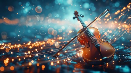 A 3D render of a musical instrument placed against an abstract background with musical notes and sound waves, symbolizing music and creativity - obrazy, fototapety, plakaty