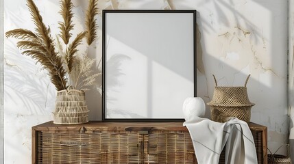 A mockup poster blank frame in a thin black metal frame, on a mid-century sideboard, accompanied by...